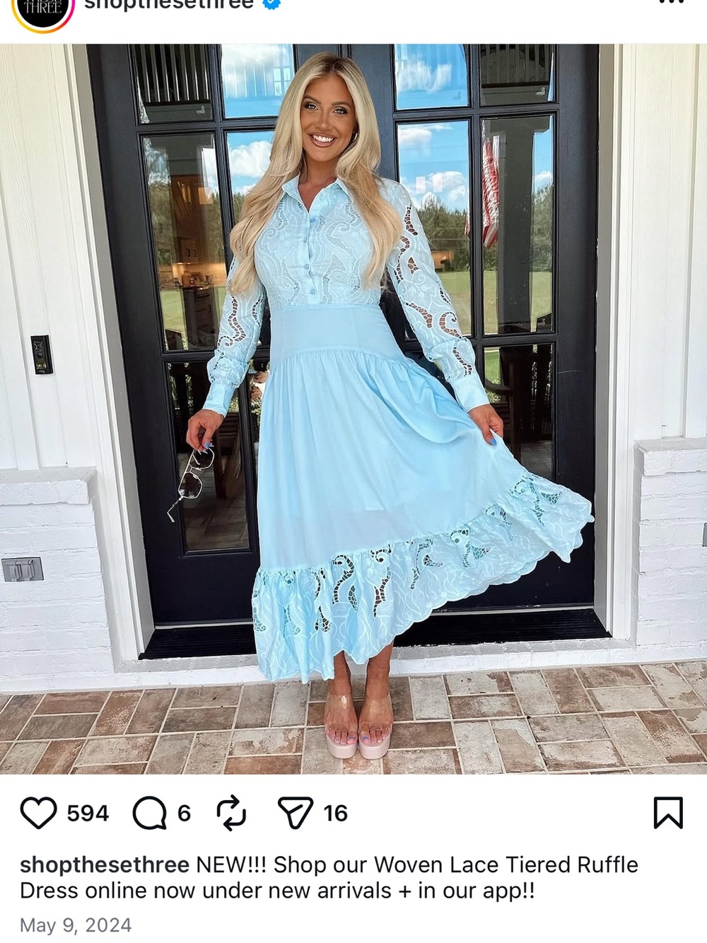 Light Blue Lace Panel Long Sleeve Dress